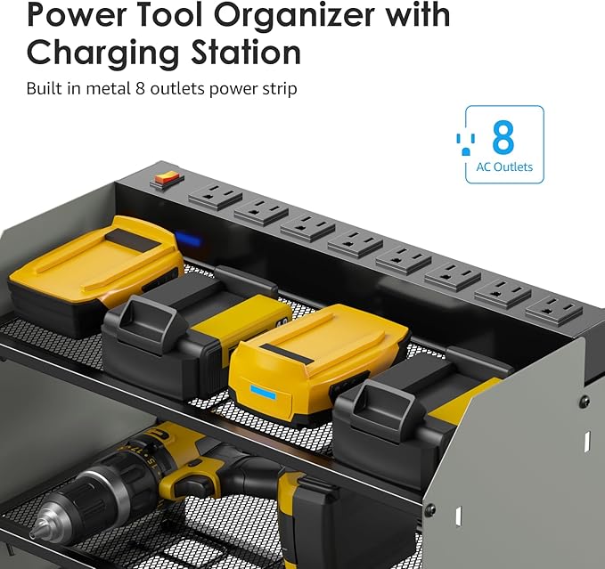 CCCEI Set Power Tool Organizer Wall Mount with Charging Station. Garage 4 Drill Storage Shelf with Hooks, Heavy Duty Metal Tool Battery Charger Organizer. Shop Utility Rack with Power Strip Grey.