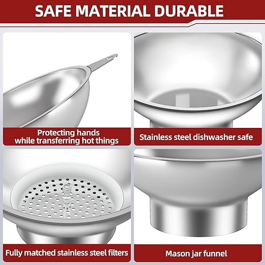 Standard Mason Jar Funnel with Strainer,Large Metal Funnel for transferring Milk, Juice, Oils, flavorings