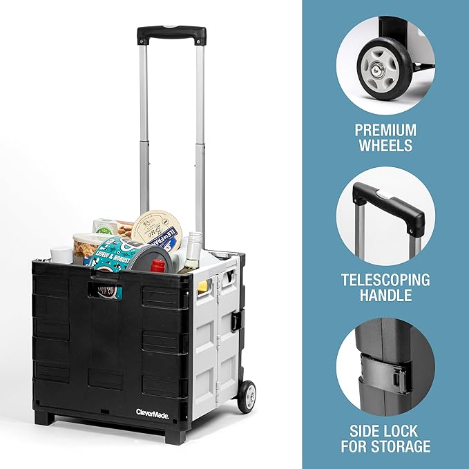 CleverMade Collapsible Wheeled Crate with Lid, 2-Wheels – Stable Rolling Crate with Handle and Large Wheels for Fragile Items, Heavy Loads and Easy Storage - 35L and 75lb Capacity, Black/Cream