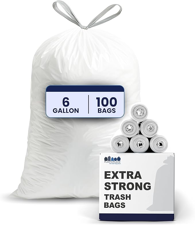 Plasticplace 6 Gallon Trash Bags White Drawstring Garbage Can Liners, 17” x 20”, 100 Count, for Bathroom Kitchen Office Car Small Trash Bags, Leak-Proof & Tear-Resistant