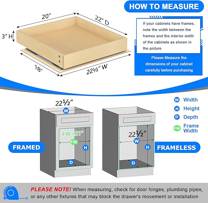 WelFurGeer Soft Close Pull Out Cabinet Organizer, 20" W x 22" D Cabinet Roll Out Drawers, Smooth Slide-Out Shelves for Kitchen Cabinets, Durable Pullout Drawers for Home & Kitchen Organization