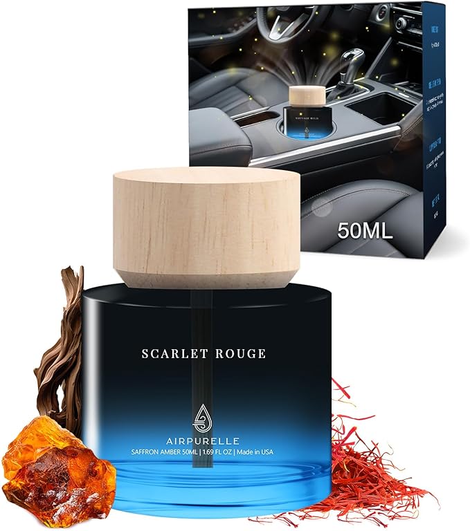 Car Air Freshener for Men & Women – Long-Lasting Saffron Amber Essential Oil Diffuser for Car Cup Holder – 50ML (1.7 FL OZ) Car Scent Diffuser, Inspired by Perfume – Made in USA