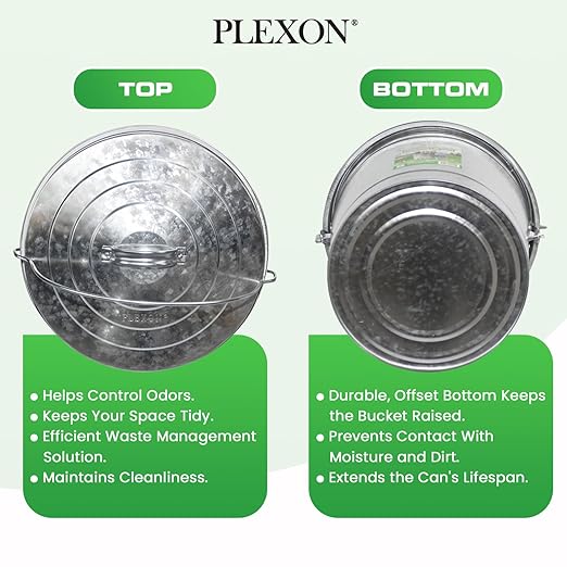 Plexon 6 Gallon Outdoor Trash Can with Lid Galvanized Metal Bucket with Locking Lid for Poultry Feed Bird Seed Storage Ash Small Garbage Can, 6 Pack