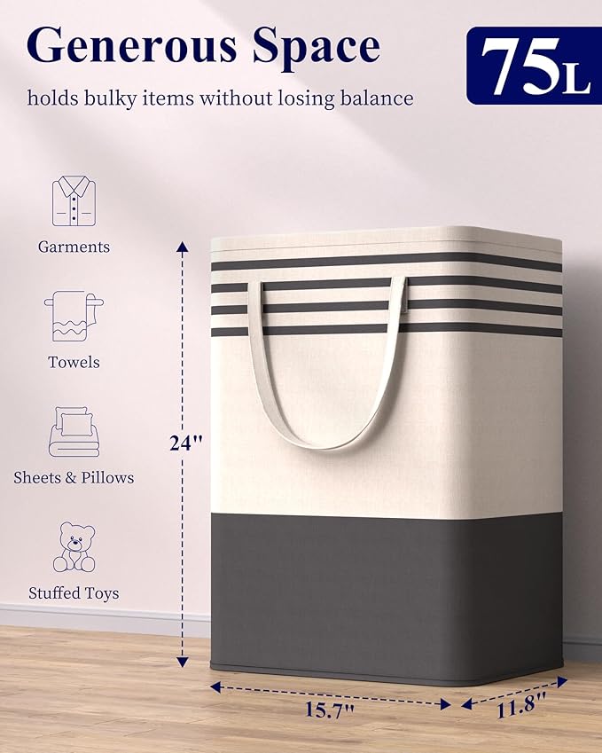 Kitsure Laundry Hamper - 2-Pack Collapsible Laundry Baskets with Well-Stitched Handles, Free-Standing Clothes Hamper with Rigid Top Edge for Household, Dorm Use, 2 x 75L, Black