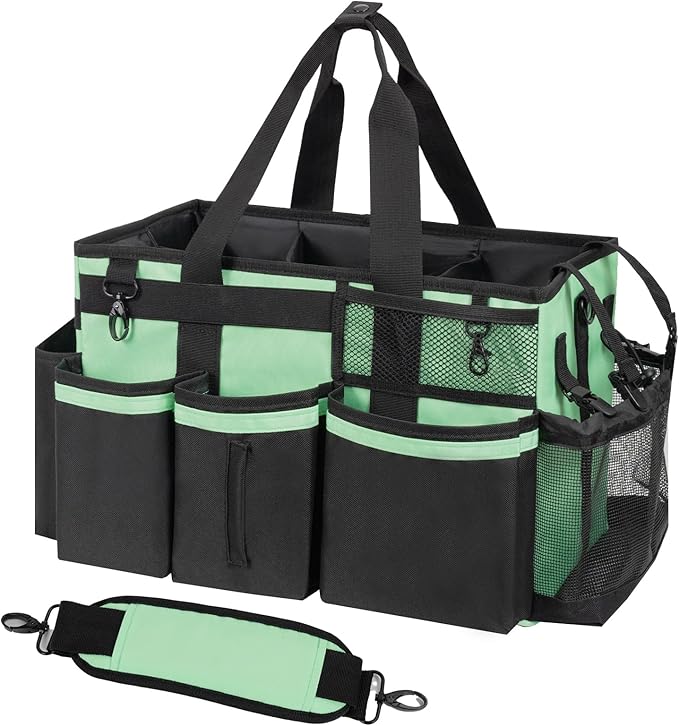 Wearable Cleaning Caddy, Cleaning Caddy Supplies Organizer with Handle & Shoulder Straps for Housekeepers, Under Sink & Car Cleaning Tool Organizers Bag with 4 Foldable Divider (MintGreen)