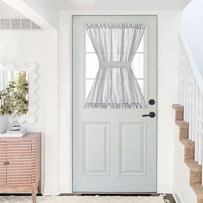 NICETOWN Door Curtain 40 inches Long - Linen Textured French Door Curtain, Semitransparent Sheer Panel 40 inches Length (1 Panel, Light Grey, with Single Tieback)
