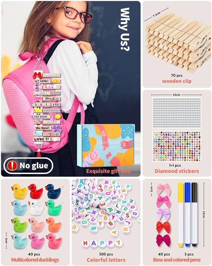Cheer Pins for Backpack Cheer Stuff Kit 70 Clothes Pins with Mini Resin Ducks Mini Bows Letter Beads Team Cheerleaders Gifts Bulk Pin Me Ribbon for Bag Decorations Spirit Clips Competition Accessories