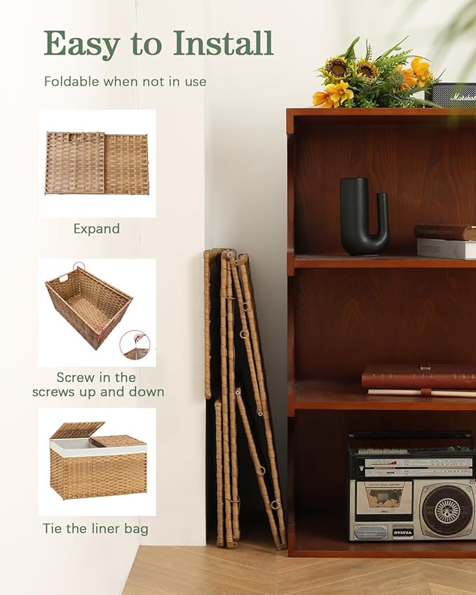 Storage Basket with Lid Rattan Woven Storage Baskets with 2 Separate Lids, 17.2 Gallon (65 L), 22 x 13 x 13.8 Inches,Foldable, 2 Removable Liner Bags Handles for Bedroom, Laundry Room Natural