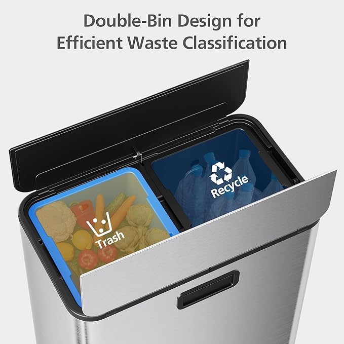 2 x 7.4 Gal (2 x 28L) Slim Trash Can, Stainless Steel Dual Compartment Step-On Recycling Bin with Butterfly Lids & Removable Plastic Inner Buckets for Kitchen, Home, Office