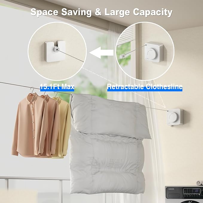 Retractable Clothesline Indoor, Non-Sagging Outdoor Clothes Line Retracting Heavy Duty Clothes Drying Laundry Line Wall Mounted Stainless Steel Line-15.1 Feets(Square-White)