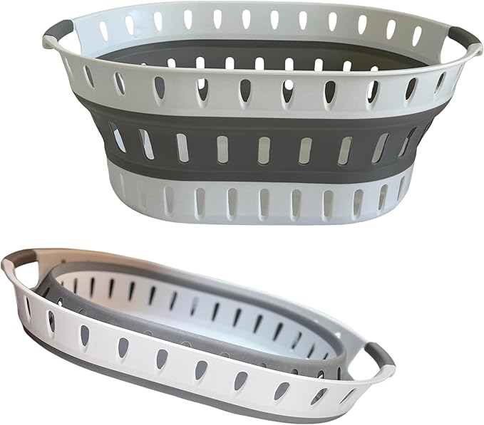 Premium Collapsible Laundry Baskets – Foldable Laundry Basket & Hamper Bin 45L with Handles for Clothes, Ventilated Plastic Storage, White & Grey for Bedroom, Bathroom or Laundry Room