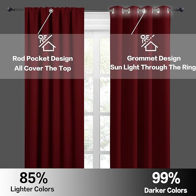 RYB HOME Kitchen Curtains 45 inch Length 2 Panels Set, Privacy Assured Drapes Room Darkening Small Window Treatment for Cafe Bathroom, W34 x L45 inch, Burgundy Red