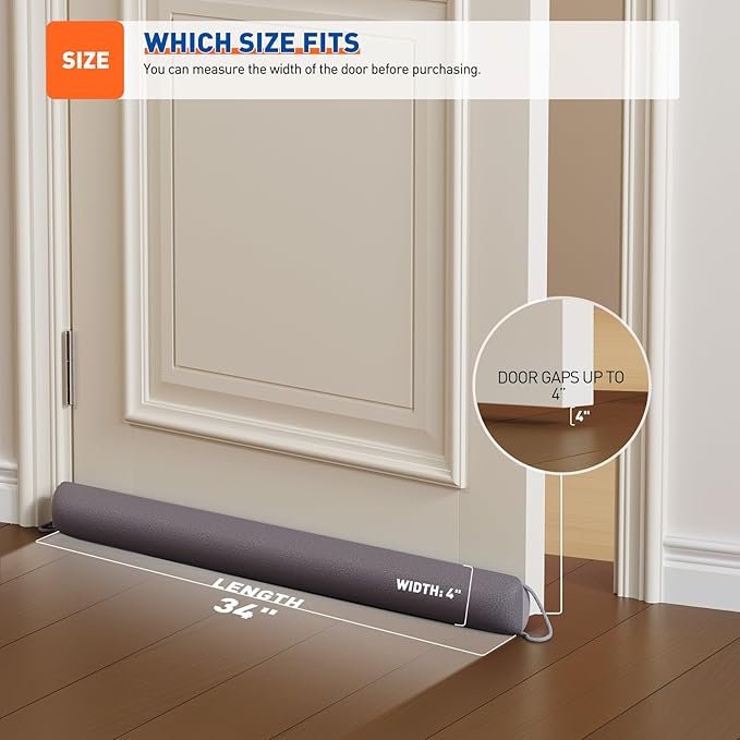 MAGZO Door Draft Stopper, 34 Inch Under Door Draft Blocker Noise Stopper, Weighted Wind Blocker Draft Guard for Bottom of Door, Gray