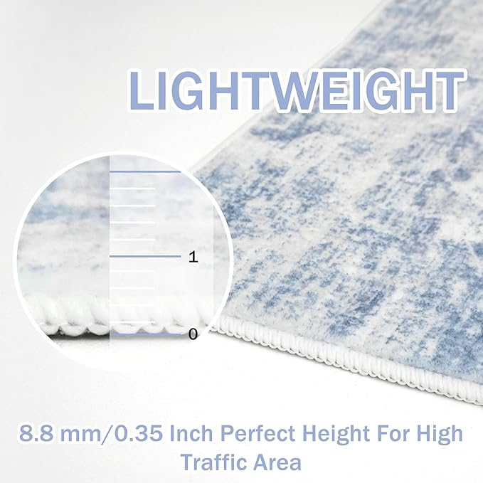 IOHOUZE Abstract Runner Rug 2x6 Ft Washable Runners for Hallways, Non Slip Kitchen Runner Printed Faux Wool Entryway Runner Indoor, Modern Abstract Floor Carpet for Hall Bedroom, Light Blue White
