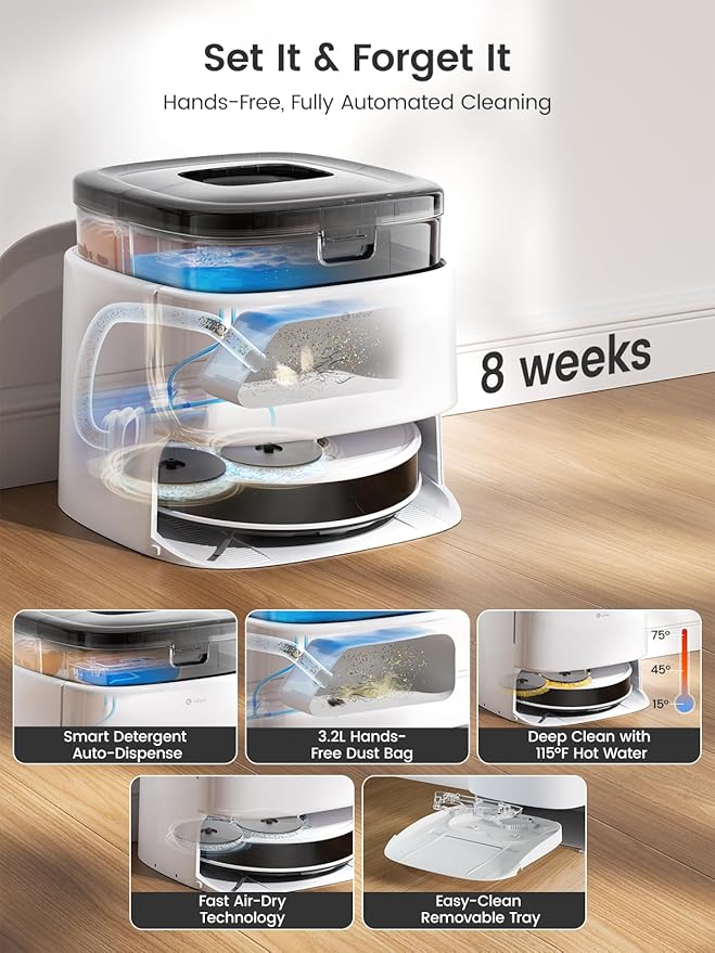 Lefant LiDAR Robot Vacuum and Mop, All-in-One Dock,56-Day Self-Emptying, 190° PSD Obstacle Avoidance, Customized Cleaning, 12000Pa Strong Suction, 220 Min Runtime, WiFi/Alexa/APP/iWatch, M3