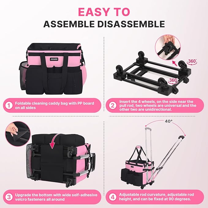 Large Rolling Cleaning Caddy Bag with Detachable Trolley, Waterproof Cleaning Caddy on Wheels for Housekeepers, Cleaning Cart Supplies Organizer for Home,Car,Office,Picnic (Pink) (in Patent)