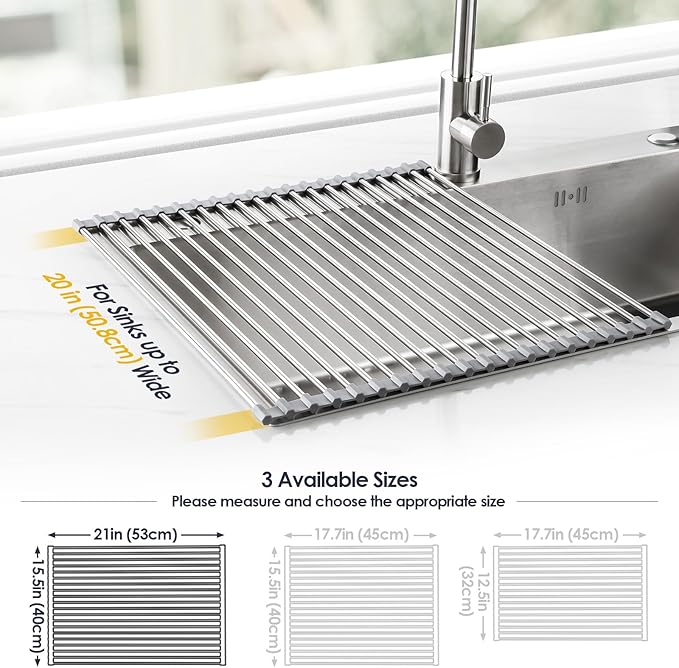 Tomorotec 21" x 15.5" Roll Up Dish Drying Rack Over Sink Drying Rack Sink Cover Kitchen Sink Accessories Gadget Multipurpose Organizer Foldable Stainless Steel Drainer