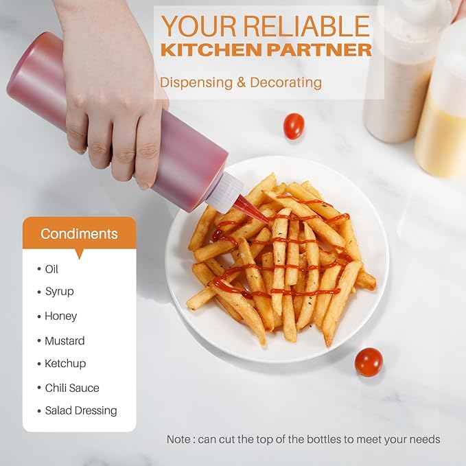 Squeeze Bottles, 16oz Plastic Condiment Squeeze Bottles with Labels & Funnels & Brusher for Liquids Sauces Ketchup Oil, 6 Pack