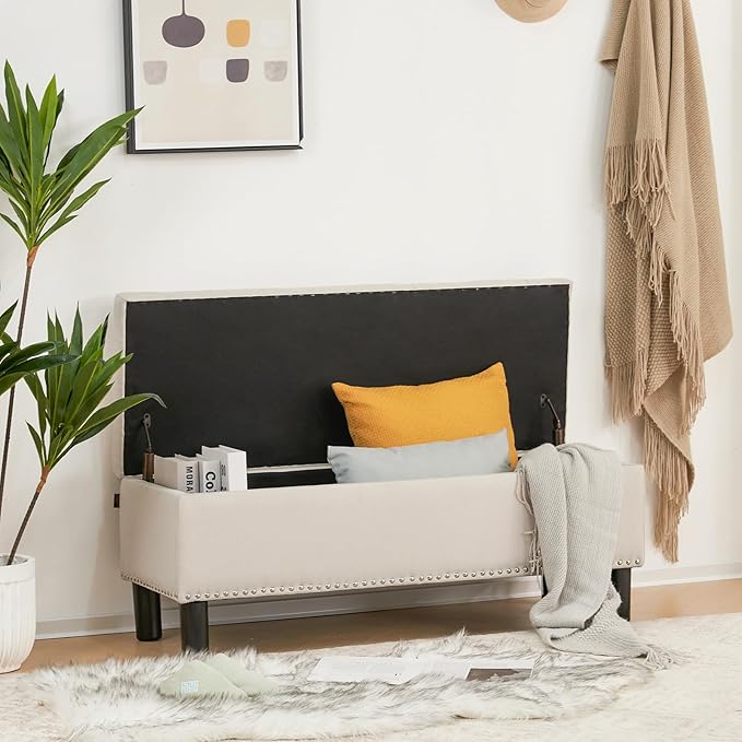 Furnimart 42.5 Inch Storage Ottoman Bench, Flip Top End of Bed Storage Bench, Upholstered Blanket Bench for Bedroom, Entryway, Living Room, Tufted Linen (Beige)