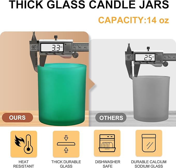 SHOWIN 14 OZ Thick Candle Jars for Making Candles 12 Pcs, 3 Wick Empty Jars with Wood Lids for Candle Making, Sample Container, Frosted Green