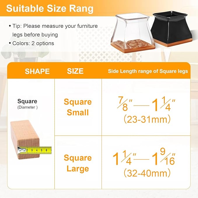 CHUNZEXI 32 Pack Square Chair Leg Floor Protectors for Hardwood Floors, Silicone Felt Covers Pads Caps, Protect Wood Furniture Feet Floors Noise Reduce and Scratch (Square Large & Black)