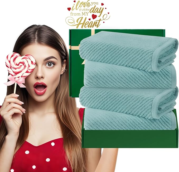 Teal Hand Towels for Bathroom, Bathroom Hand Towels Set of 4, Large 18" x 28" - Quick Dry | Lightweight | Soft | 100% Cotton | Absorbent, Thick Fluffy Towel Set for Showering, Aqua Towel Gift Set