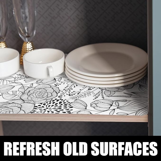 Floral Drawer and Shelf Liner for Kitchen 16IN x 10FT, Non-Adhesive and Strong Non-Slip Cabinet Drawer Liners, Waterproof Thickened Shelf Liner,Easy to Clean,Black and White