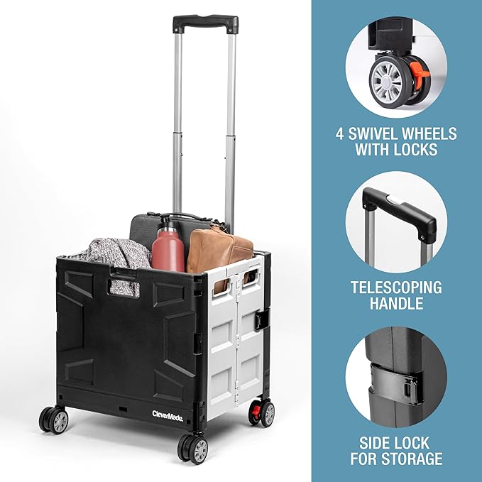 CleverMade Collapsible Wheeled Crate with Lid, 4-Wheels - Swivel and Glide Rolling Crate with Handle and Double Wheels for Easy Transport and Versatile Use - 35L and 75lb Capacity, Black/Cream