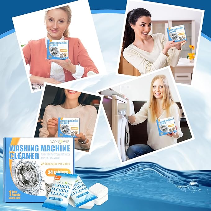 Washing Machine Cleaner Tablets 24 Pack, Formulated for Pet Owners, Deodorizer, Work with Top & Front Load, HE, Deep Cleaning Descaler, Removes Residue and Odors, Septic Safe