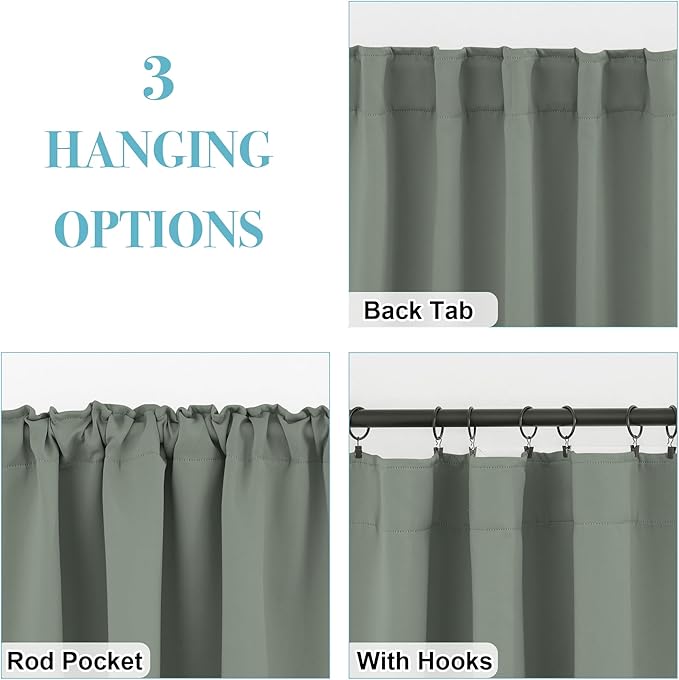RYB HOME Short Curtains for Bedroom Kitchen, Vertical Room Darkening Drapes Thermal Insulated, Sage Green Curtains for Small Window Classroom Office, W42 x L30 Inches, 2 Panels