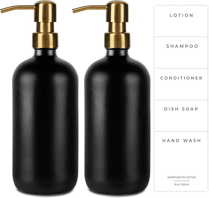 Emerson Essentials Soap Dispensers, Dish Soap Set for Kitchen, Farmhouse Bathroom Set, Hand Soap Dispenser | Glass Soap Dispenser with Pump and Labels, 16 Oz, 2 Pack