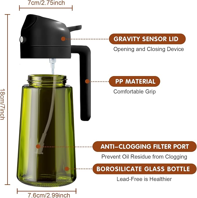 YARRAMATE 16oz/470ml 2PCS Light Blockage Dark Oil Sprayer for Cooking, 2 in 1 Olive Oil Dispenser Bottle for Kitchen, Green Glass Oil Bottle, Food-Grade Oil Mister for Air Fryer, BBQ (Black & Green)