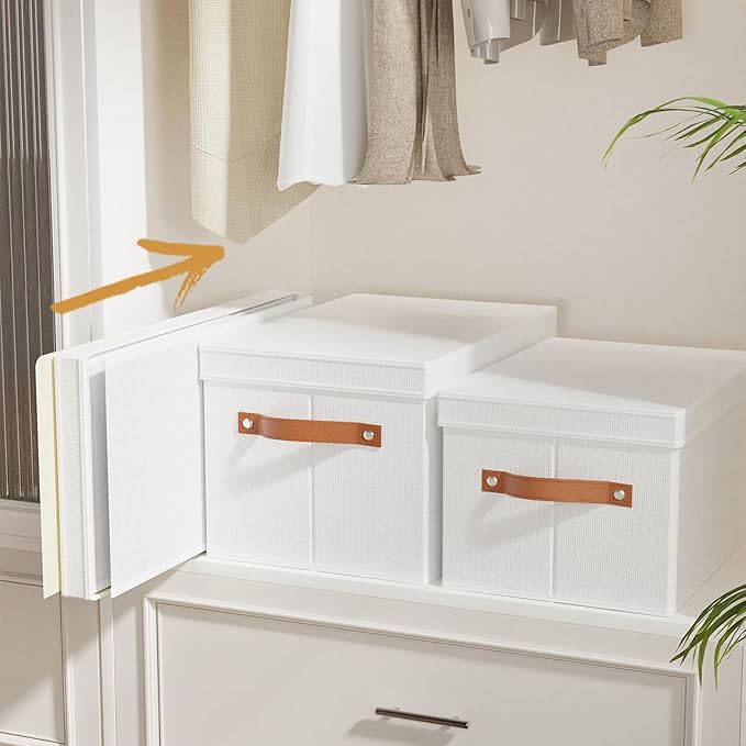 Fabric Storage Bins, Clothes Boxes for Shelves with Lids, 3 Pack Baskets for Organizing with Handles, Decorative Linen Closet Organizers, White, 16.5 x 11.8 x 10.2 Inch