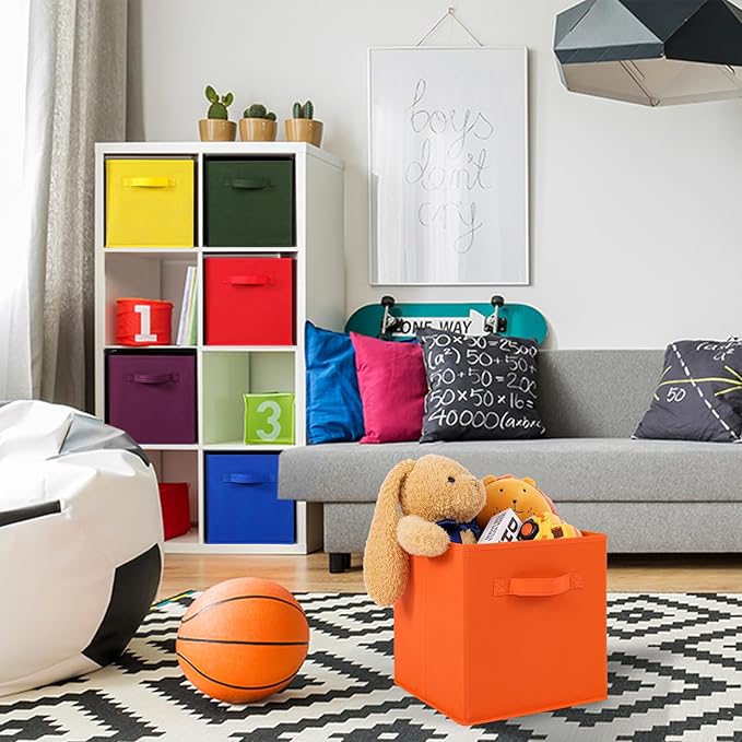 Stero 13x13x13 Inch Fabric Storage Bins 6 Pack Fun Colored Durable Storage Cubes with Handles Foldable Cube Baskets for Home, Kids Room, Closet and Toys Organization Orange-Multi Colors-2