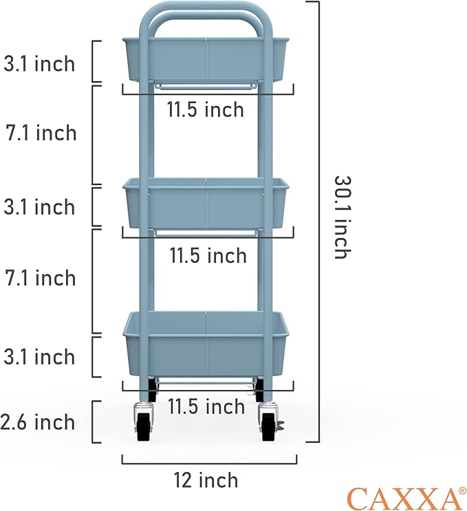 CAXXA 3-Tier Rolling Metal Storage Organizer - Mobile Utility Cart with Caster Wheels, Blue