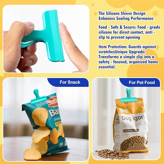 HOUSE AGAIN Chip Clips, 12 Pack Stainless Steel Chip Bag Clips Covered with Silicone, NO More Sharp Edges, Bag Clip for Food Packages, Heavy Duty for Kitchen and Office, Green