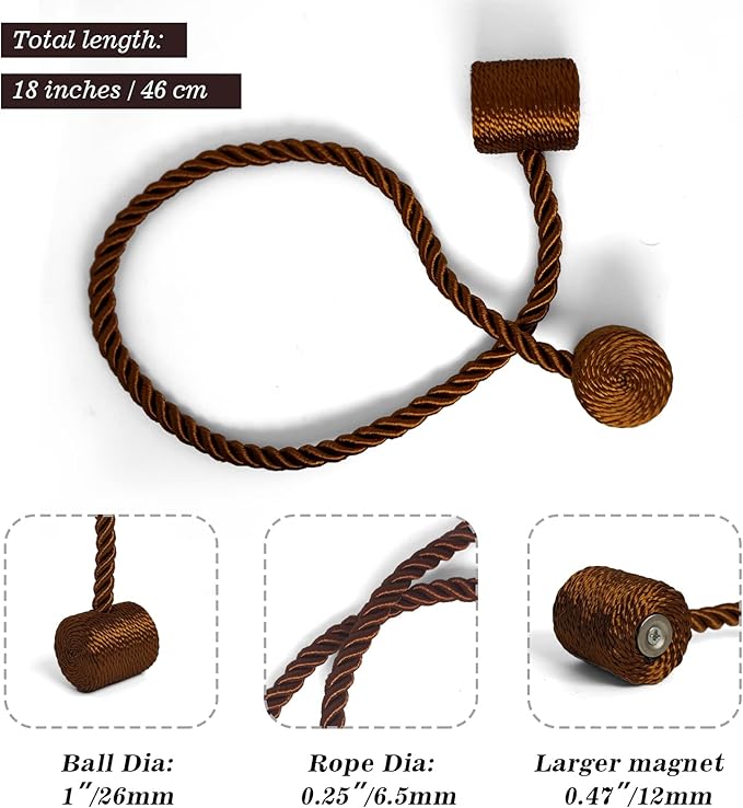 Hion Magnetic Curtain Tiebacks Dark Brown 6 Pack, Curtain Tiebacks Buckles Holdbacks Holders Hooks Clip for Home Bedroom Office Decorative Thick or Thin Curtain