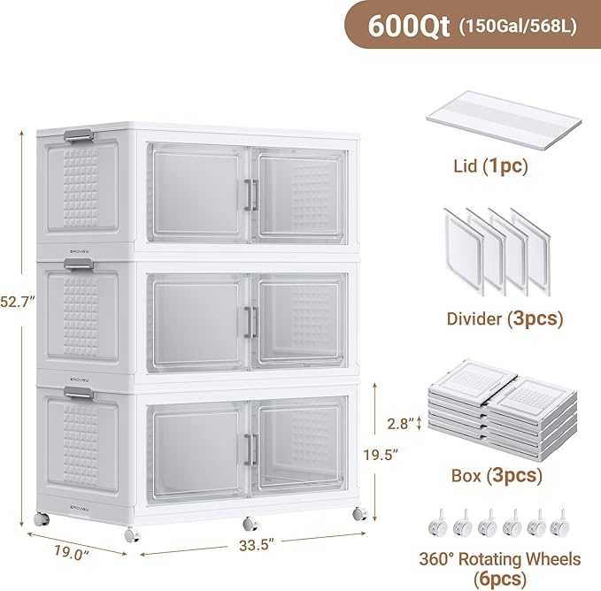 BROVIEW 52.7"H 150Gal Plastic Storage Bins with Lid & Wheels,3Pack Extra Large Stackable Storage Bins with Dividers,Closet Organizers and Storage Cabinet Collapsible Box Shelves for Home Kitchen,White