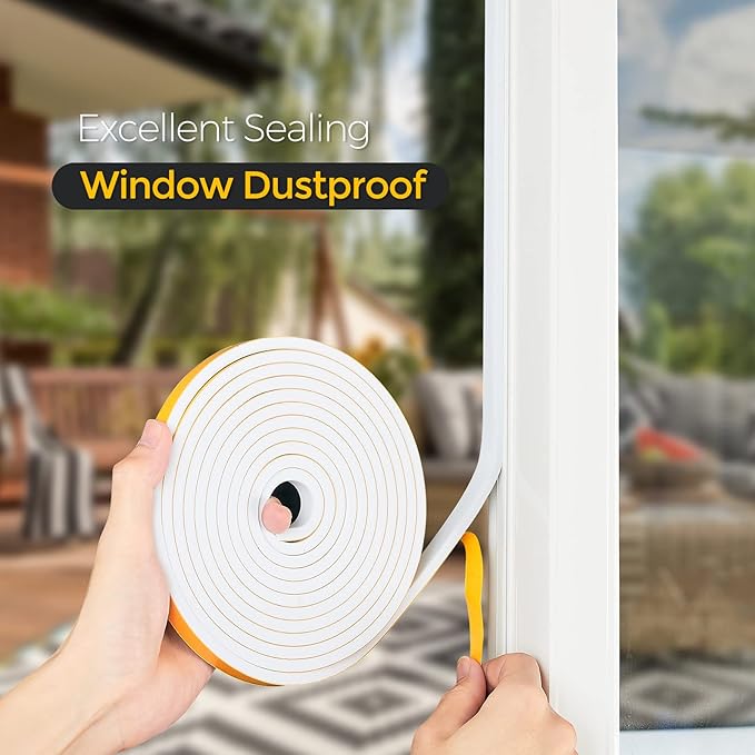33 Feet Weather Stripping Door Seal, 1/2" Wide X 1/16" Thick Door Seal Strip High Density Foam Tape Adhesive Strip for Door Soundproofing,Window Insulation (1/2" x 1/16" x 33FT,White)