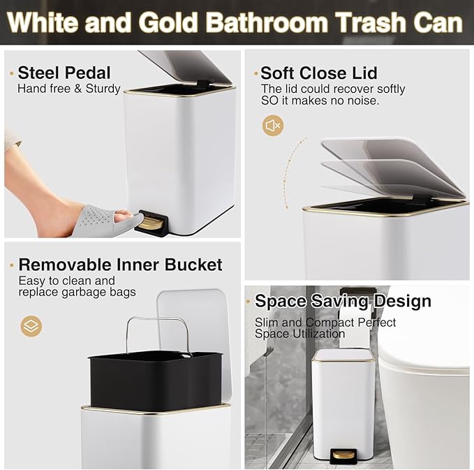 Small Bathroom Trash Can with Lid Soft Close, 1.8 Gallon Stainless Steel Garbage Can with Removable Inner Bucket,75Count Trash Bags, Slim Step Pedal Trash Bins