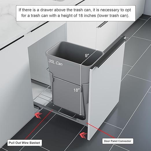 Dowell B15 Aluminum Base Wastebasket Pullout with Door Mount and 35Qt/9Gal Plastic Bin (4012 0115+35)