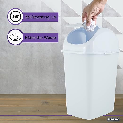 Superio Medium Trash Can with Lid 4.5 Gallon Plastic Swing Top Garbage Can Slim Waste Bin for Under Sink/Cabinet, Laundry Room, Kitchen, Office, Bedroom, Bathroom, College Dorm, 18 Qt, White, 2