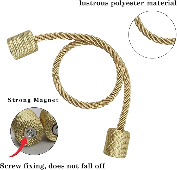 4 Pack Gold Strong Magnetic Curtain Tiebacks Outdoor Elegant Decorative Tie Backs Modern Rope Tiebacks for Drapes Window Curtain Holdbacks for Draperies