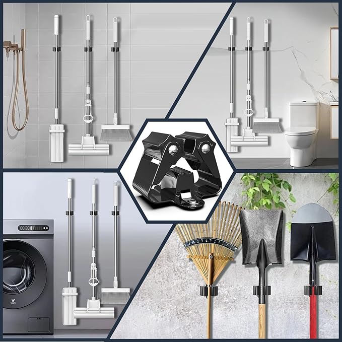 3-H Stainless Steel Broom Holder Wall Mount 4-Pack-Heavy Duty Mop Organizer, Wall Mounted Broom Storage with Secure Mounting for Laundry Garage Bathroom