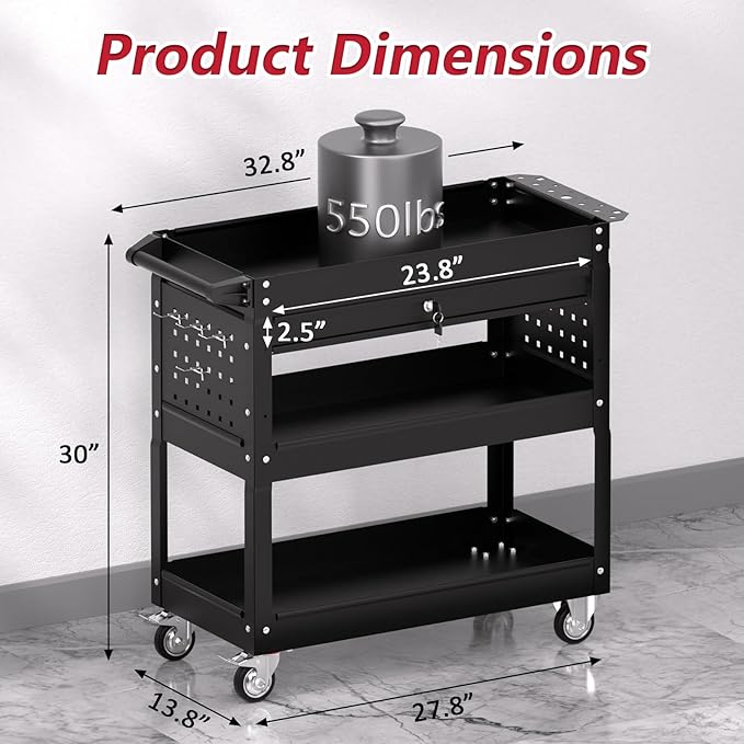 3 Tier Rolling Tool Cart on Wheels, Heavy Duty Service Cart Industrial Utility Cart with Drawer and Screwdriver Rack Pegboard, 550 LBS Mobile Tool Storage Organizer for Garage, Workshop(Black)