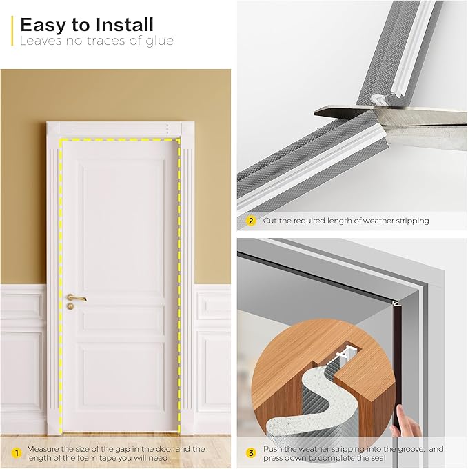 Weather Stripping Door Seal Strip Soundproof Q Foam Tape, Exterior Door Insulation Strip for Large Gap, Easy to Install(Grey, 50FT)