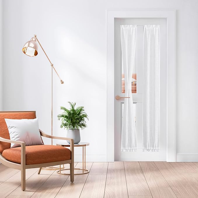 NICETOWN Door Curtains for Sliding Glass French Door, Farmhouse Linen Cutains for Kitchen Light Filtering Rod Pocket Small Window Covering with Tieback, 12" W x 72" L, White, 1 PC
