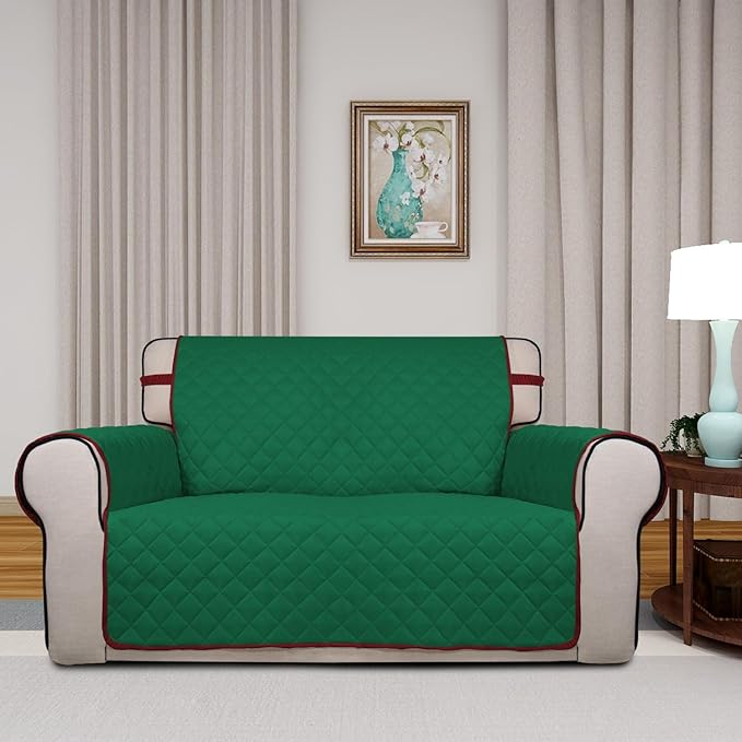 PureFit Reversible Quilted Sofa Cover, Water Resistant Slipcover Furniture Protector, Washable Couch Cover with Non Slip and Elastic Straps for Kids, Dogs, Pets (Loveseat, Green/Red)