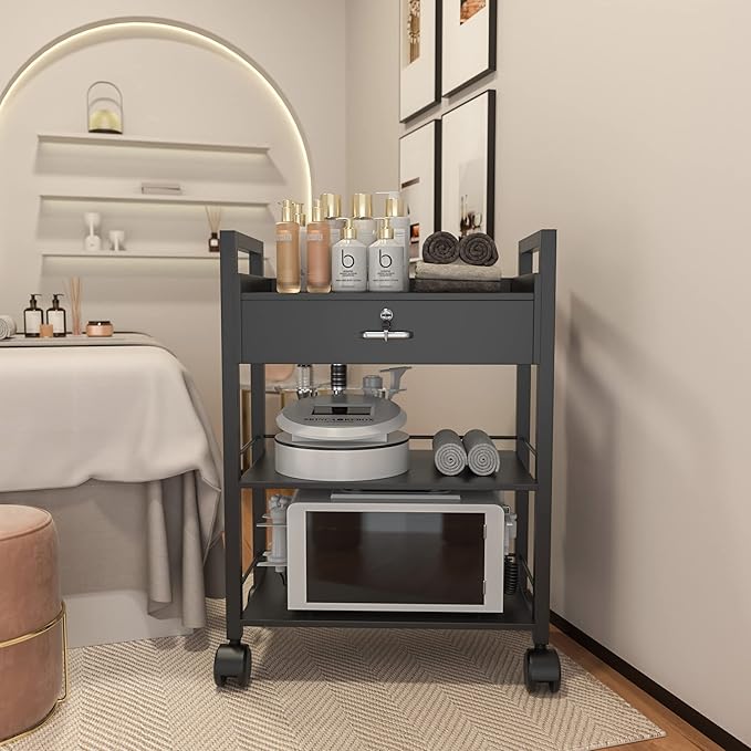 Paddie Salon Trolley Cart, Salon Tray Wooden Mobile Utility Cabinet with 1 Drawer 2 Trays, Rolling Storage Station Medical Esthetic Supply Holder for Beauty Spa (1 Drawer, Black)