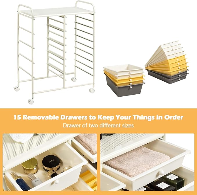 GOFLAME 15-Drawer Rolling Storage Cart, Multipurpose Movable Organizer, Utility Cart for Home, Office, School, Yellow